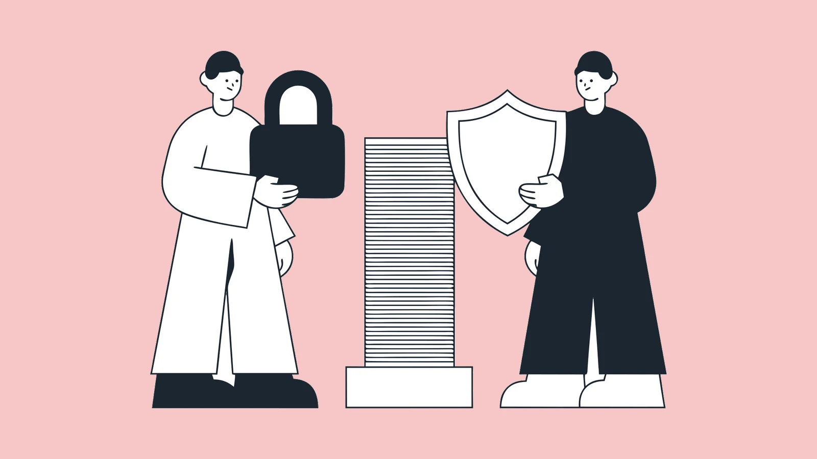 Illustration of two people guarding a stack of attendee records with a padlock and a shield