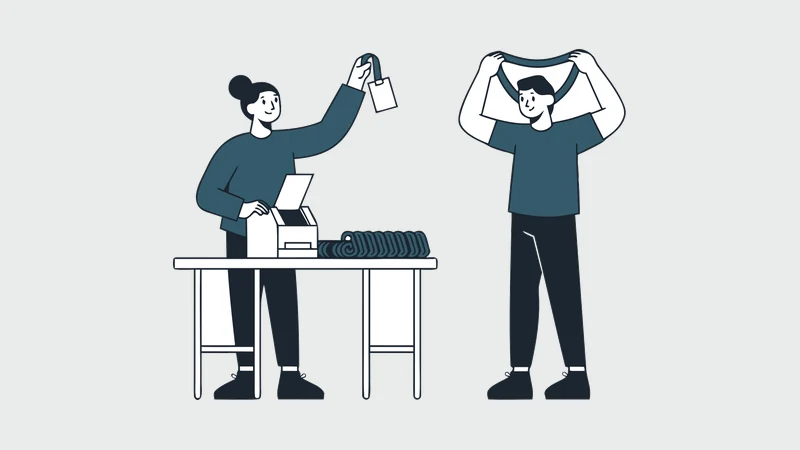 Illustration of event staff printing a name badge beside a table of lanyards while a guest puts one on