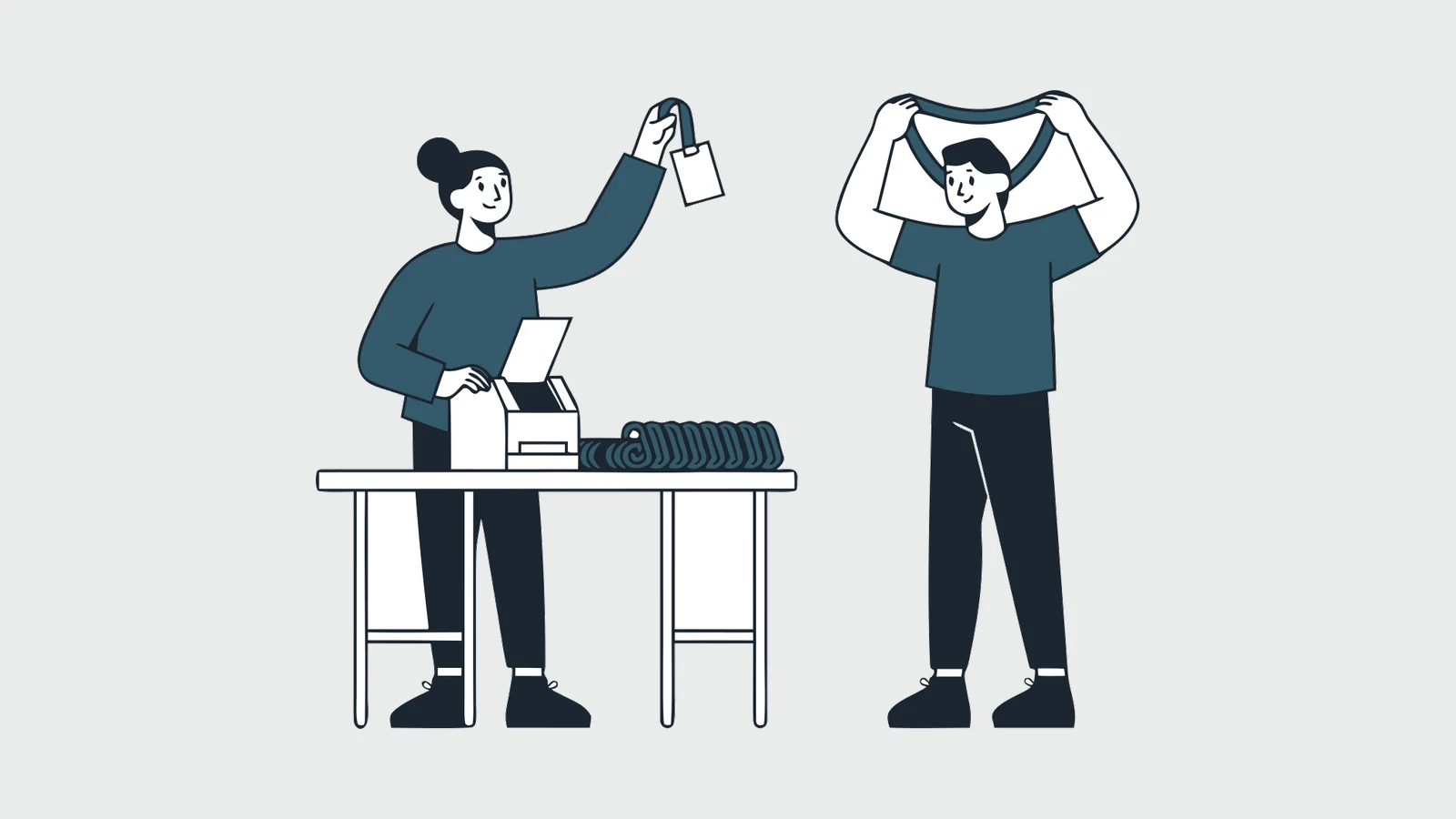 Illustration of event staff printing a name badge beside a table of lanyards while a guest puts one on