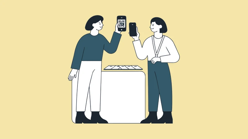 Illustration of event staff scanning a guest QR code at a check-in counter with name badges laid out