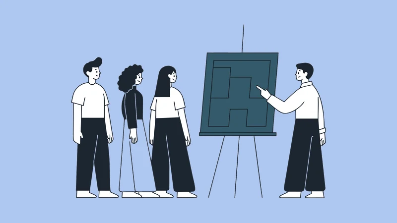 Illustration of an event crew briefing around a floor plan on an easel before doors open
