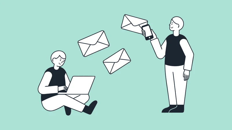 Illustration of someone sending emails from a laptop while another person receives one on their phone