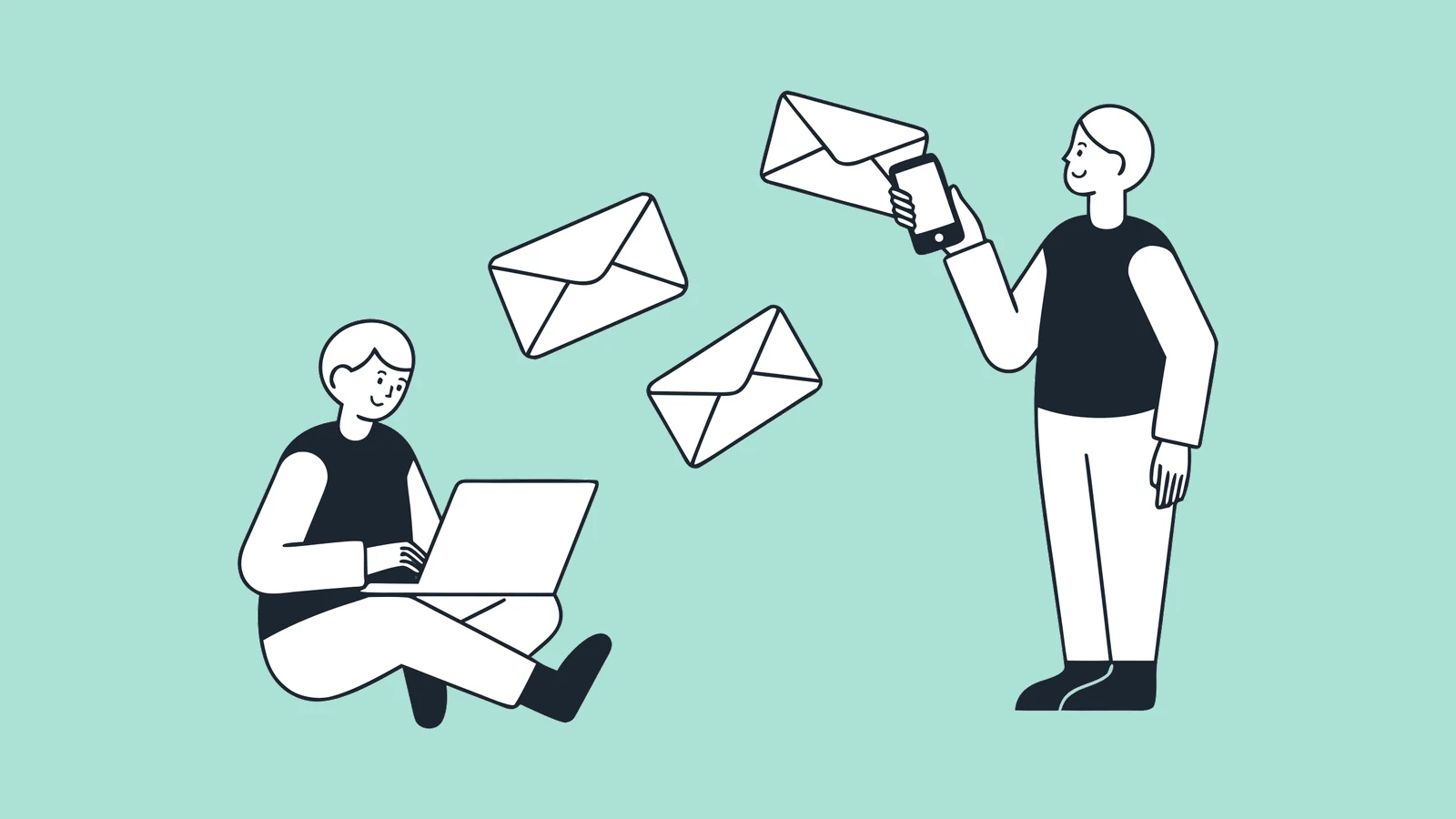 Illustration of someone sending emails from a laptop while another person receives one on their phone