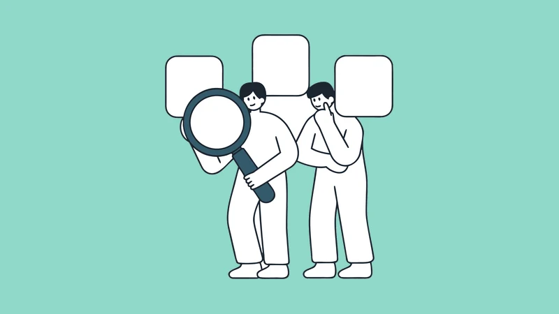 Illustration of two people comparing options through a magnifying glass in front of floating panels
