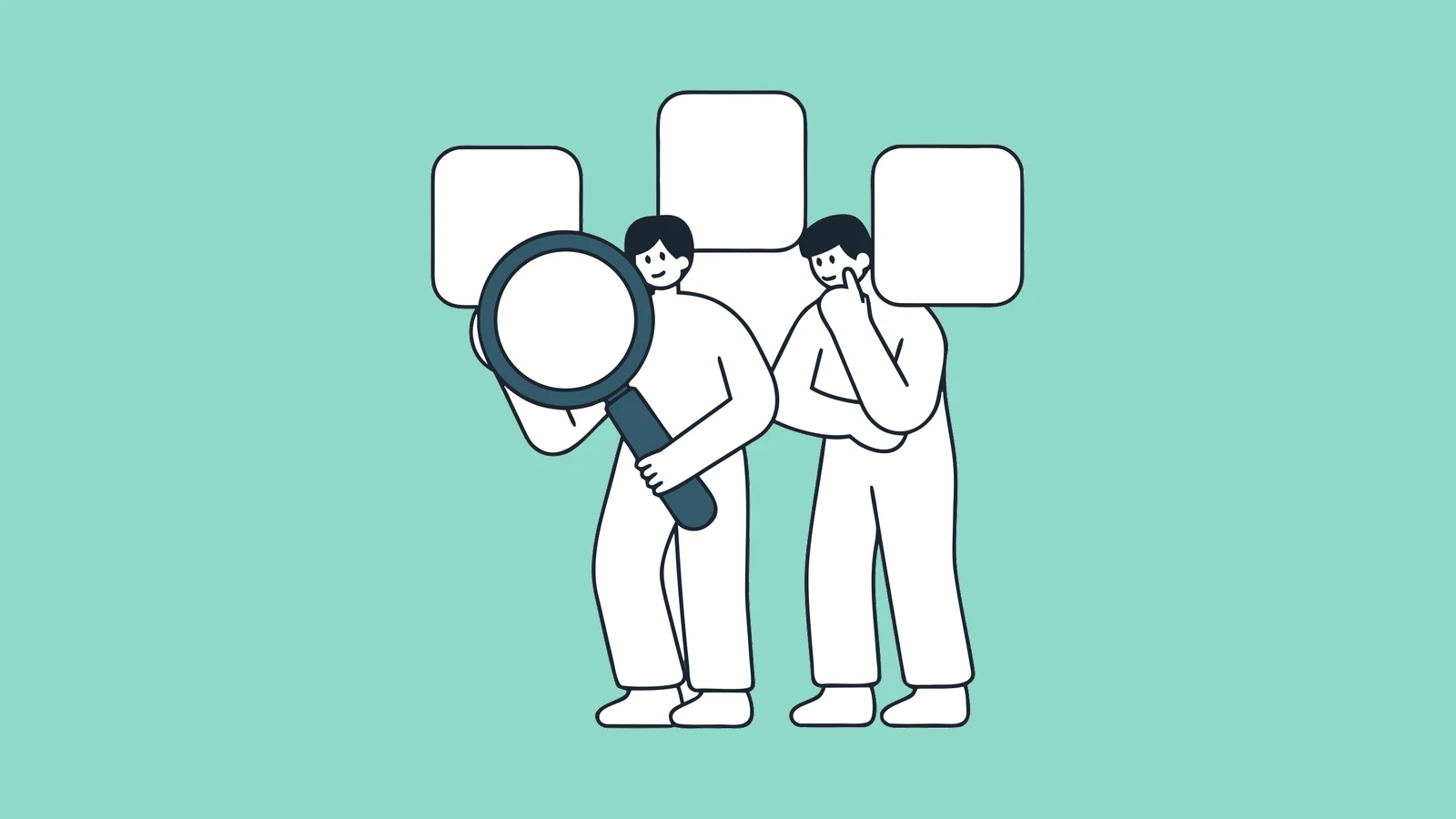 Illustration of two people comparing options through a magnifying glass in front of floating panels
