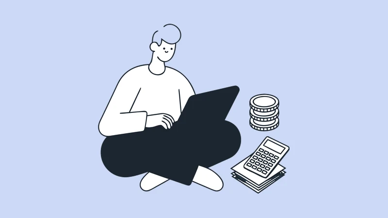 Illustration of someone working out an event budget with a laptop, calculator and stacked coins