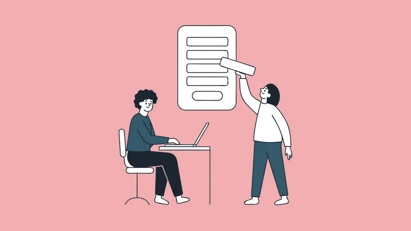 Illustration of two people designing a registration form, one lifting an unwanted field away from it