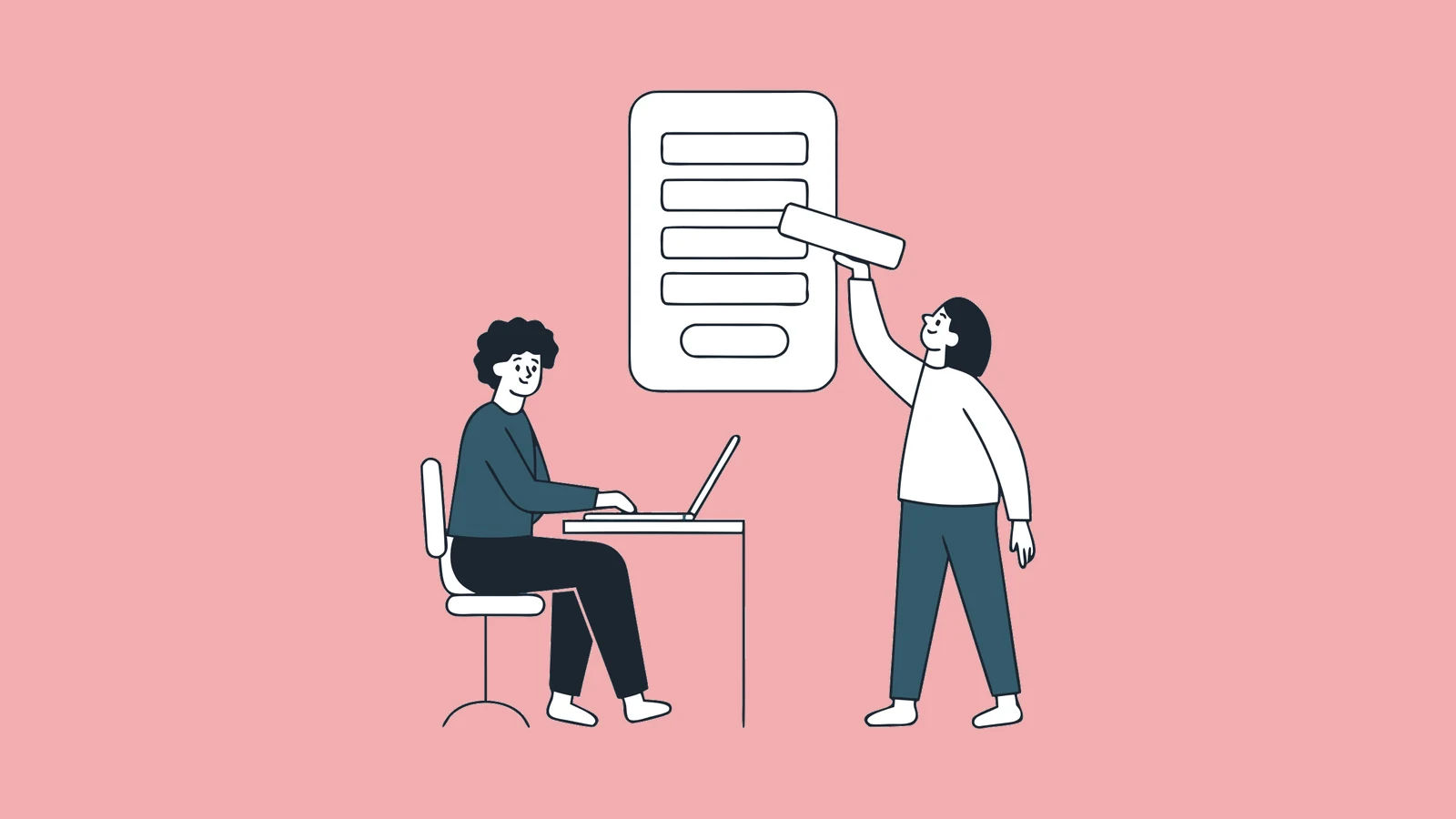 Illustration of two people designing a registration form, one lifting an unwanted field away from it