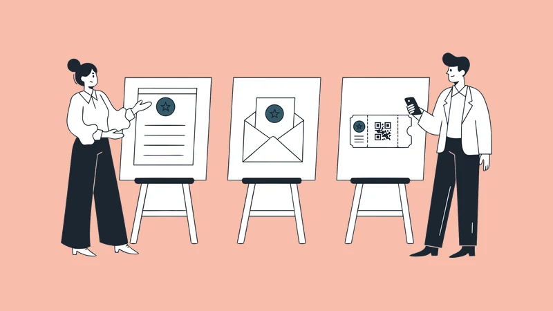 Illustration of an agency event manager showing her client three boards, a registration page, an email and a ticket, each carrying the same client logo, while the client holds his phone up to the ticket