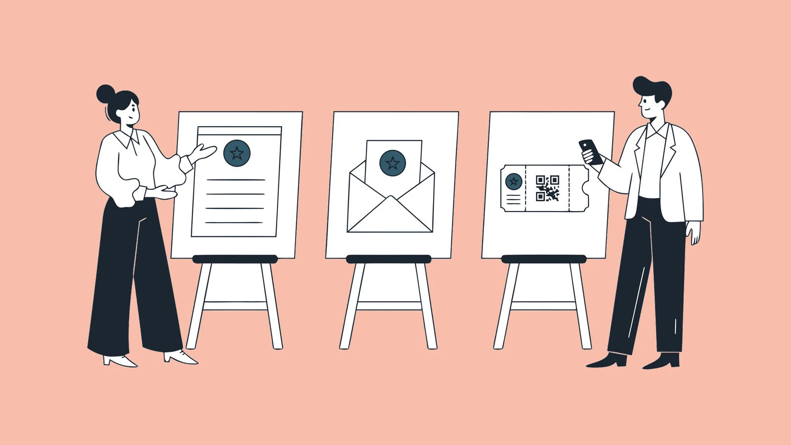 Illustration of an agency event manager showing her client three boards, a registration page, an email and a ticket, each carrying the same client logo, while the client holds his phone up to the ticket