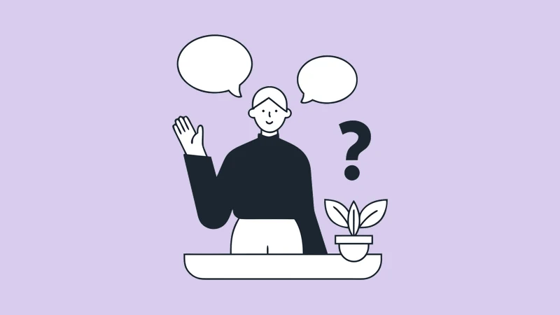 Illustration of a welcoming person at an information desk surrounded by speech bubbles and a question mark