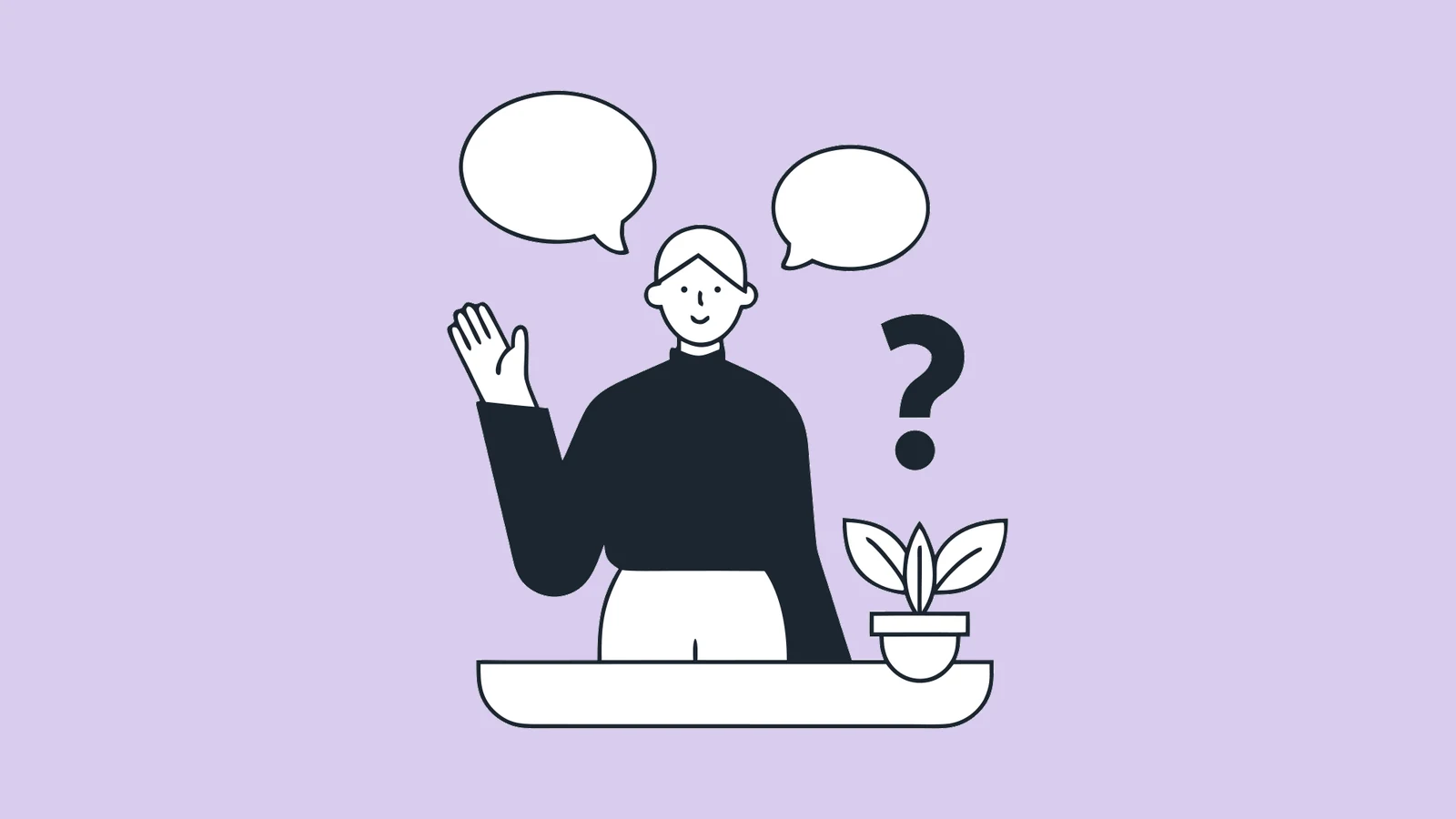 Illustration of a welcoming person at an information desk surrounded by speech bubbles and a question mark