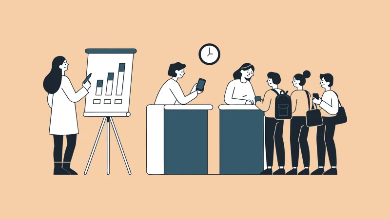 Illustration of an event planner working out check-in lane counts on a board beside a queue of arriving guests