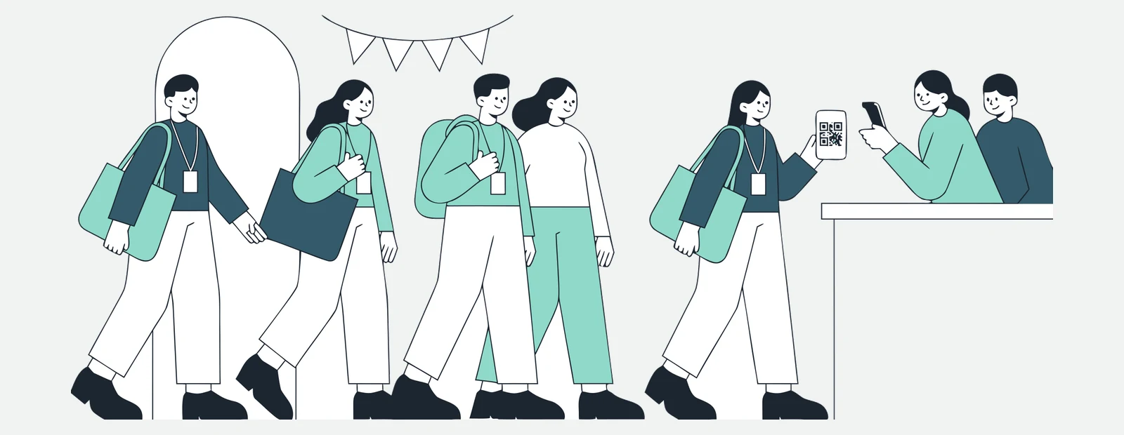 Illustration of guests arriving at a corporate event and being checked in by staff scanning a QR code