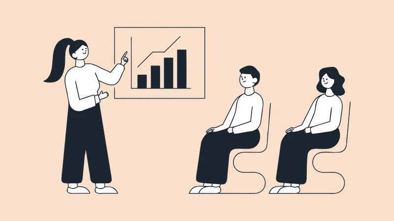 Illustration of someone presenting a simple bar chart to two seated colleagues
