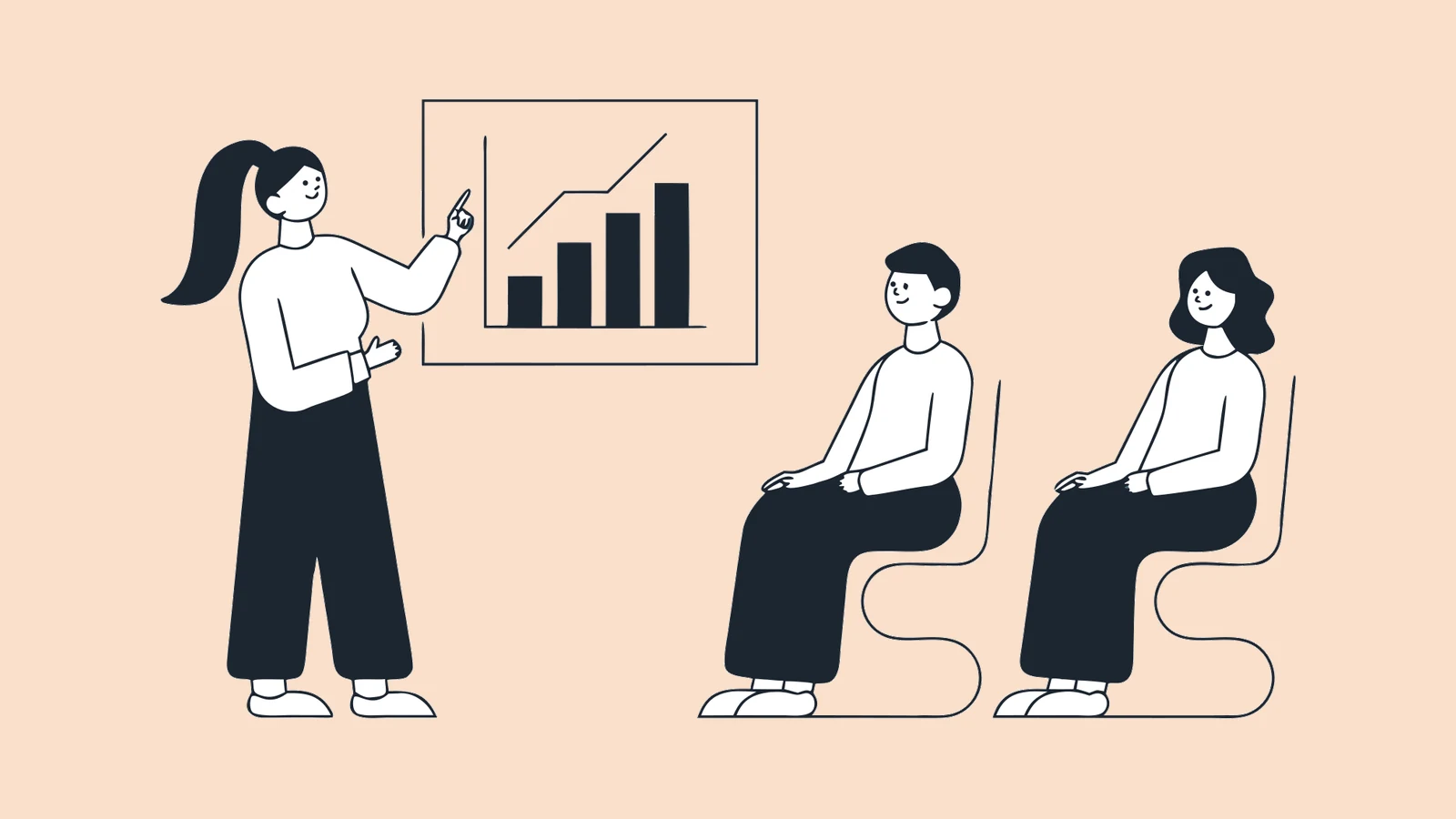 Illustration of someone presenting a simple bar chart to two seated colleagues