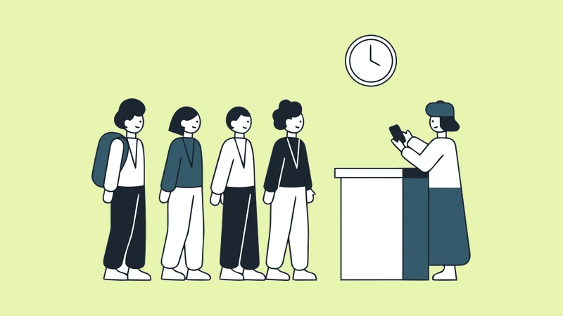 Illustration of a queue of guests moving through a staffed check-in counter under a clock