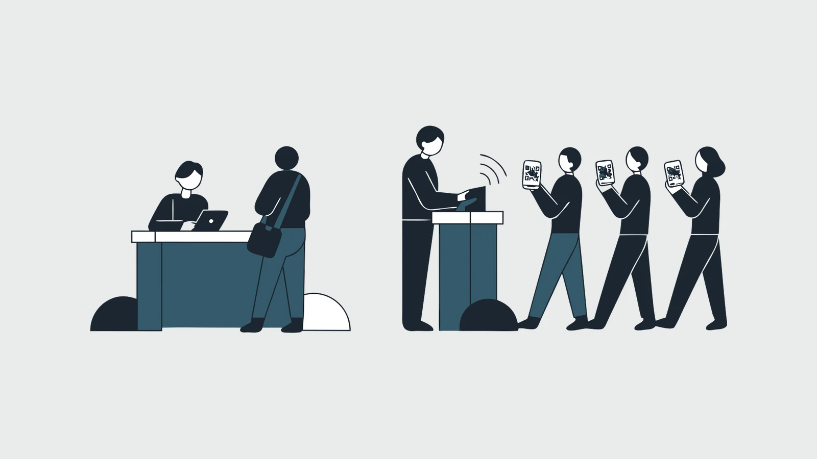 Illustration of a walk-in registration desk where a staff member registers an arriving guest on a laptop, beside a separate check-in lane where guests hold up phones showing QR codes