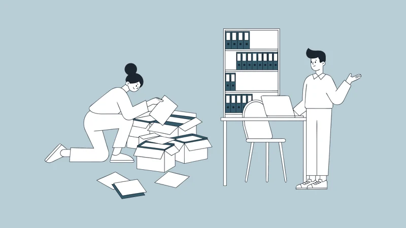 Illustration of an event organiser searching through boxes of folders and papers for a missing attendee list