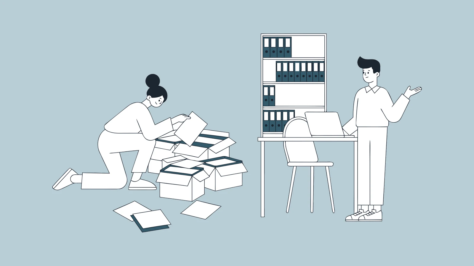Illustration of an event organiser searching through boxes of folders and papers for a missing attendee list