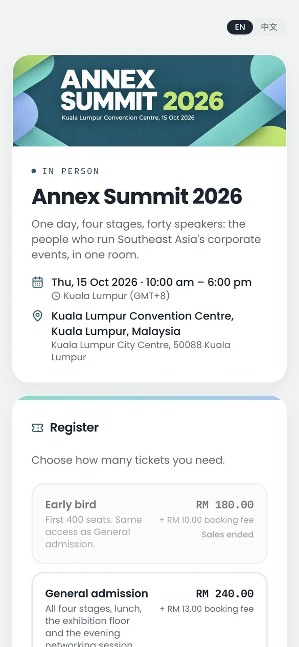The public event page on a phone: poster, date, venue and the Register button