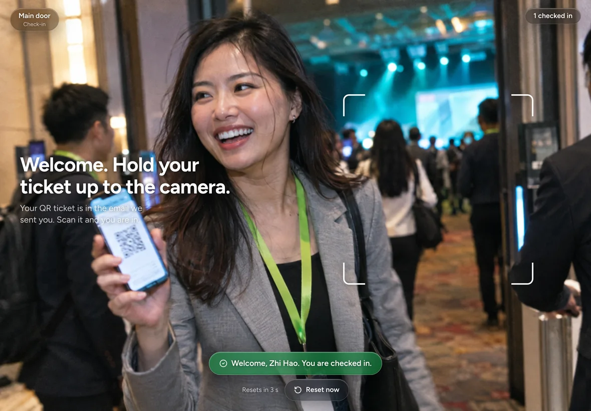The self-service kiosk: a guest holds up her QR ticket and the screen says Welcome, Zhi Hao. You are checked in.