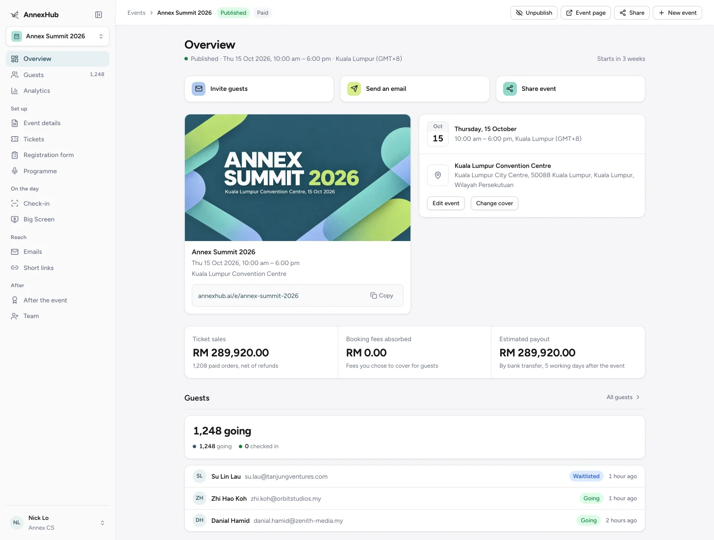 The AnnexHub console: Annex Summit 2026 with 1,248 guests, ticket sales and the event page