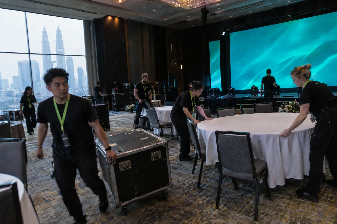 The Annex CS crew dressing a ballroom before an event