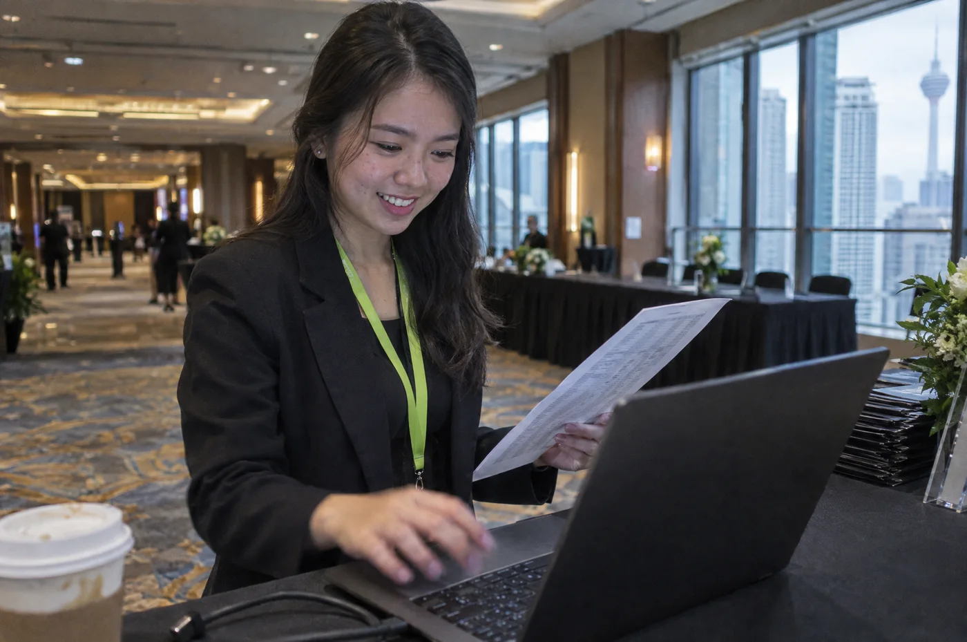 An organizer at the registration desk before doors open