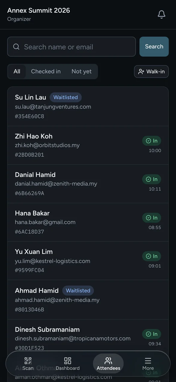 The staff app guest list on a phone